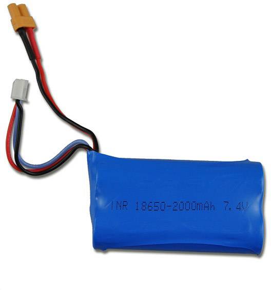 Batterie lithium-ion avec emballage bleu, câbles noirs et rouges et l'inscription 'INR 18650-2000mAh 7.4V'.