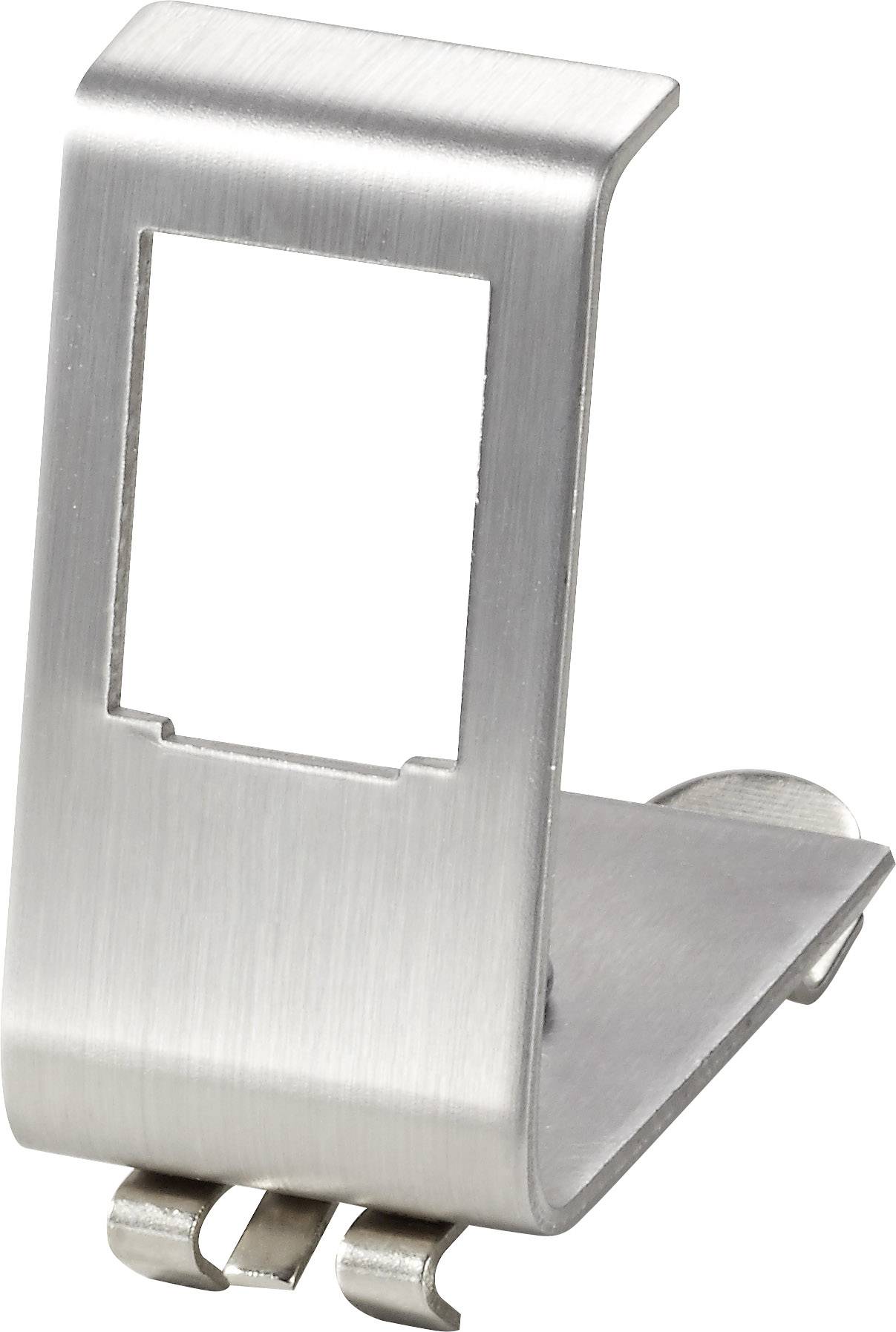 Un support métallique argenté en forme de L, probablement destiné à un petit appareil électronique, avec une découpe rectangulaire en haut.