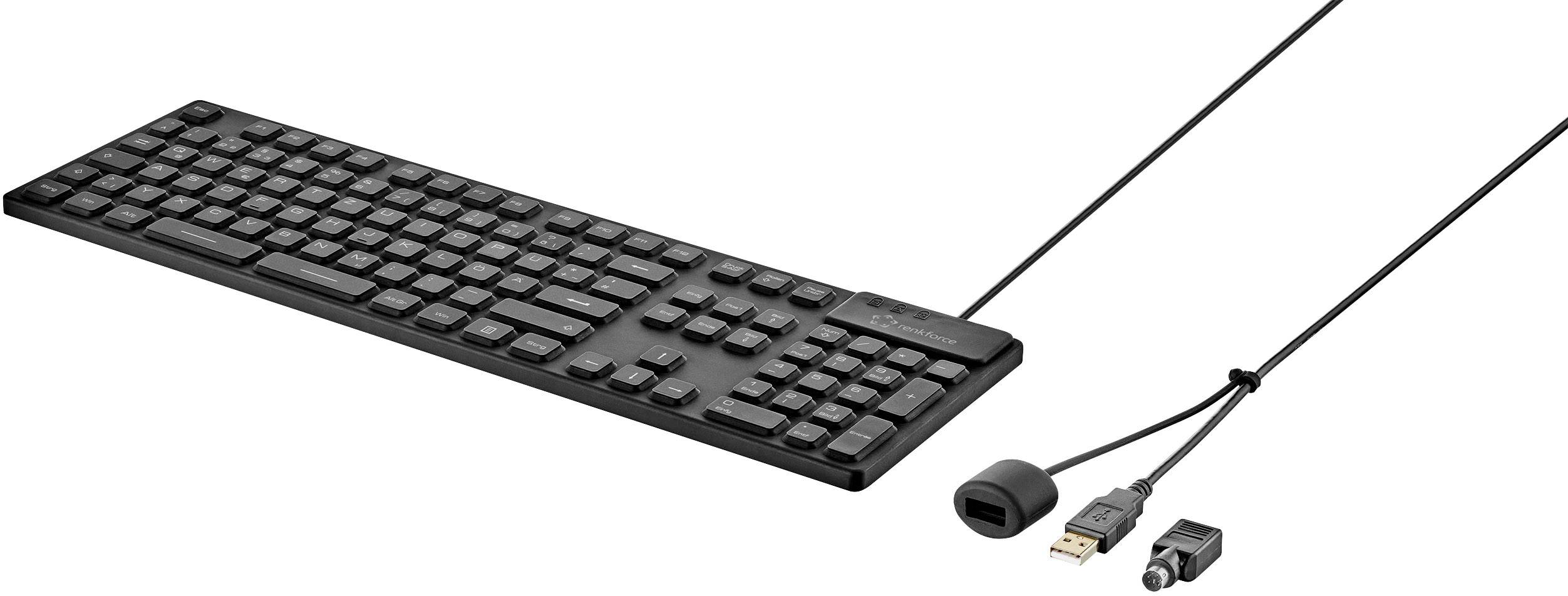 Un clavier d'ordinateur noir filaire avec ports USB et audio. Idéal pour une utilisation de bureau avec un design élégant.
