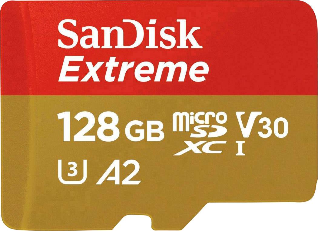 Carte microSDXC SanDisk Extreme™ 128 GB Class 10, UHS-I, UHS-Class 3, v30 Video Speed Class Standard de puissance A2