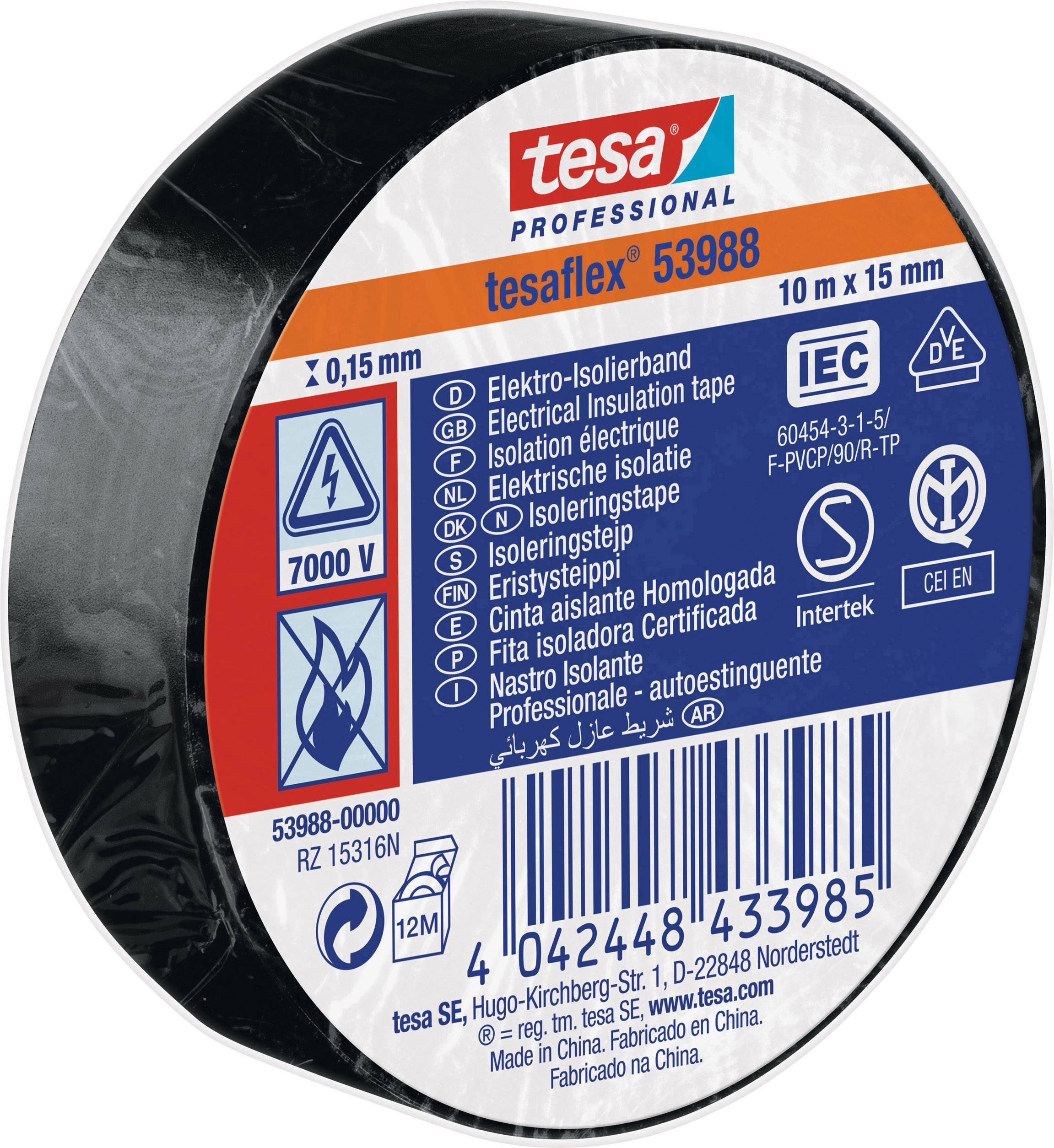 Rouleau de ruban isolant électrique noir 'tesaflex® 53988', 10 m x 15 mm, pour tensions jusqu'à 7000 V, avec consignes de sécurité.
