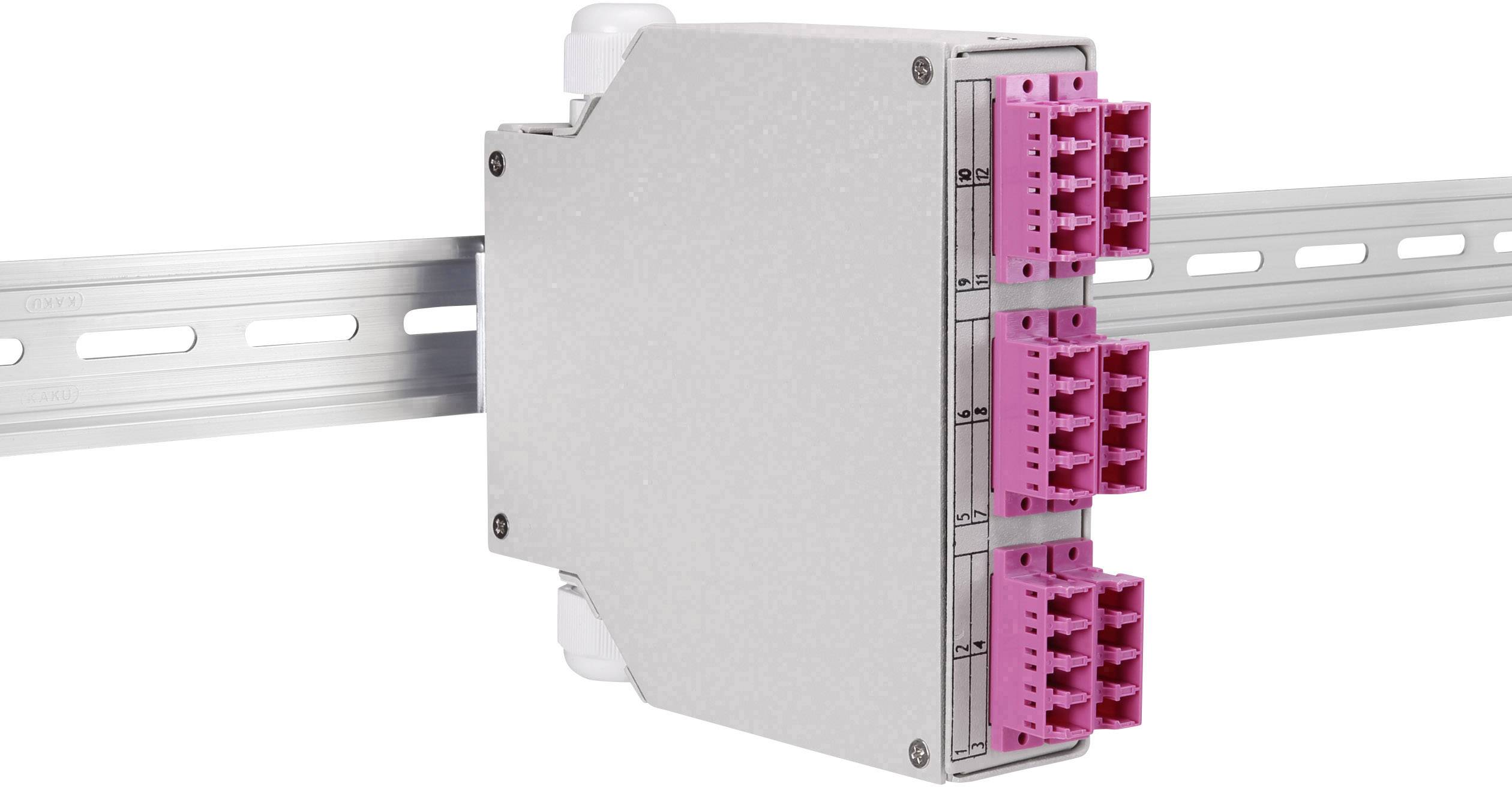 Un module électronique gris avec des connexions roses est monté sur un rail métallique. Il comporte deux rangées de six connexions chacune.