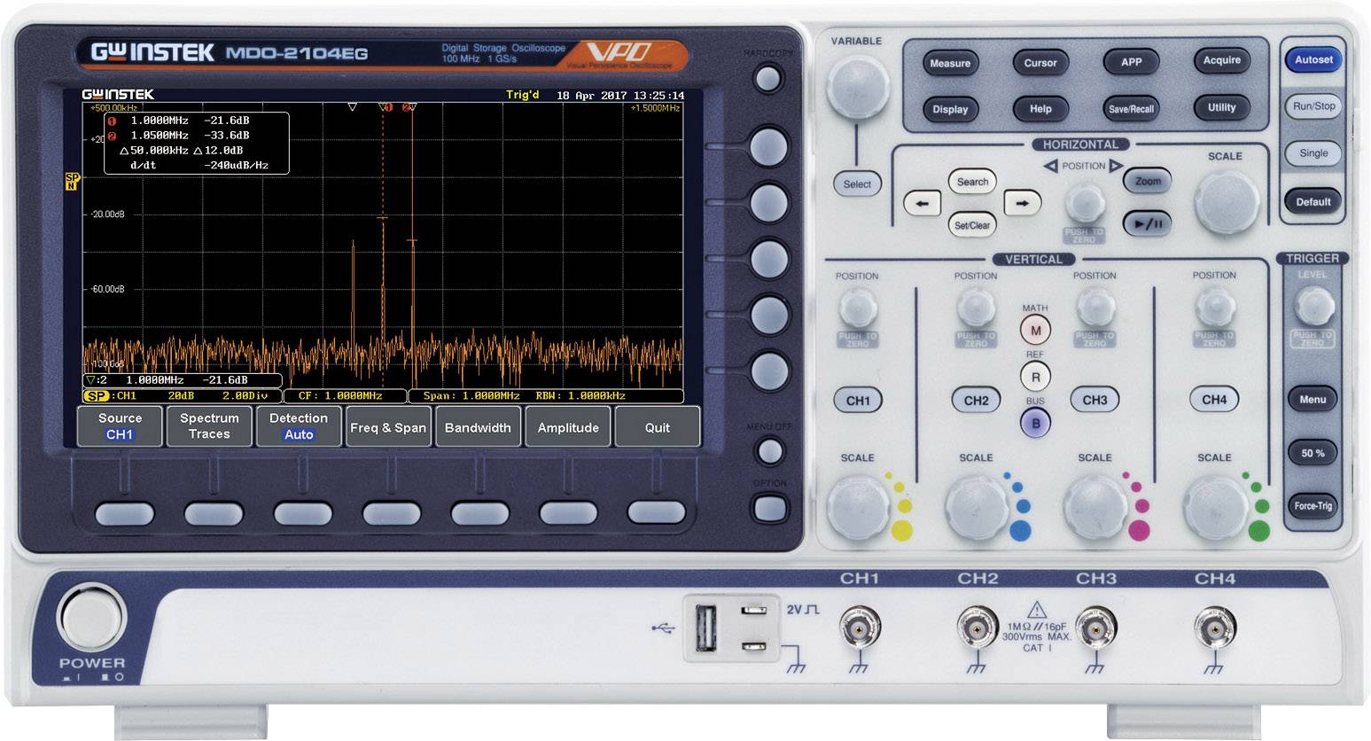 Oscilloscope à affichage couleur montrant une analyse de spectre de fréquence. Façade de l'appareil avec de nombreux éléments de commande pour les fonctions de mesure et d'analyse.