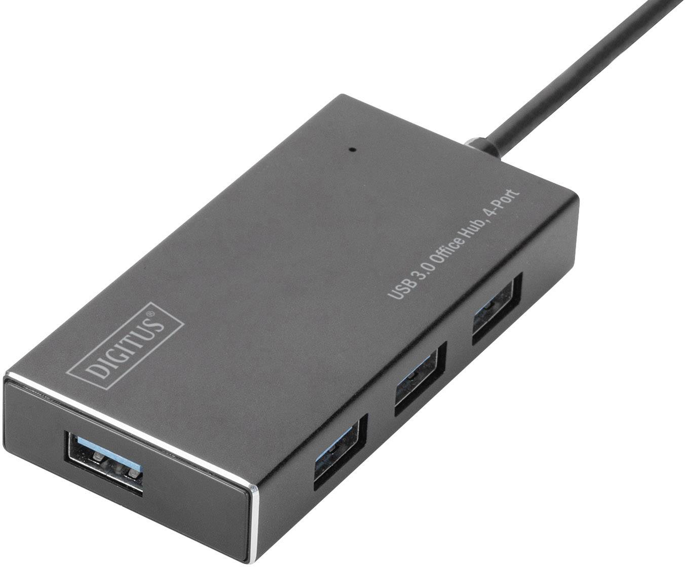 Un hub USB 3.0 noir à quatre ports portant l'inscription 'DIGITUS'.