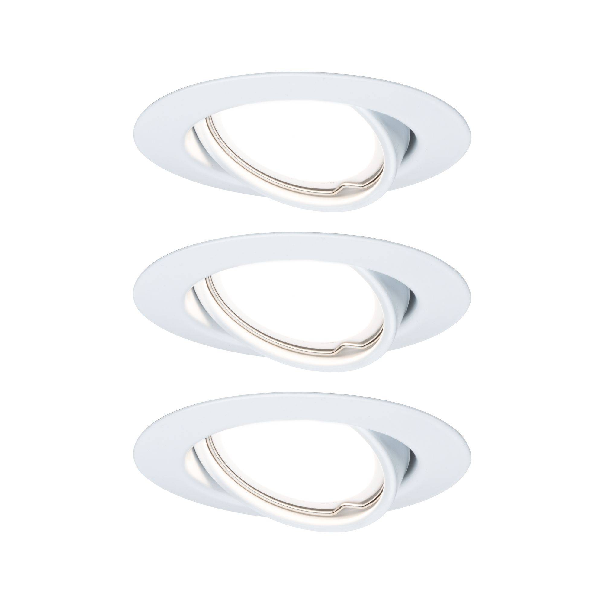 Trois spots encastrables ronds blancs avec un design orientable, disposés verticalement, sur un fond blanc. Idéals pour les intérieurs modernes.