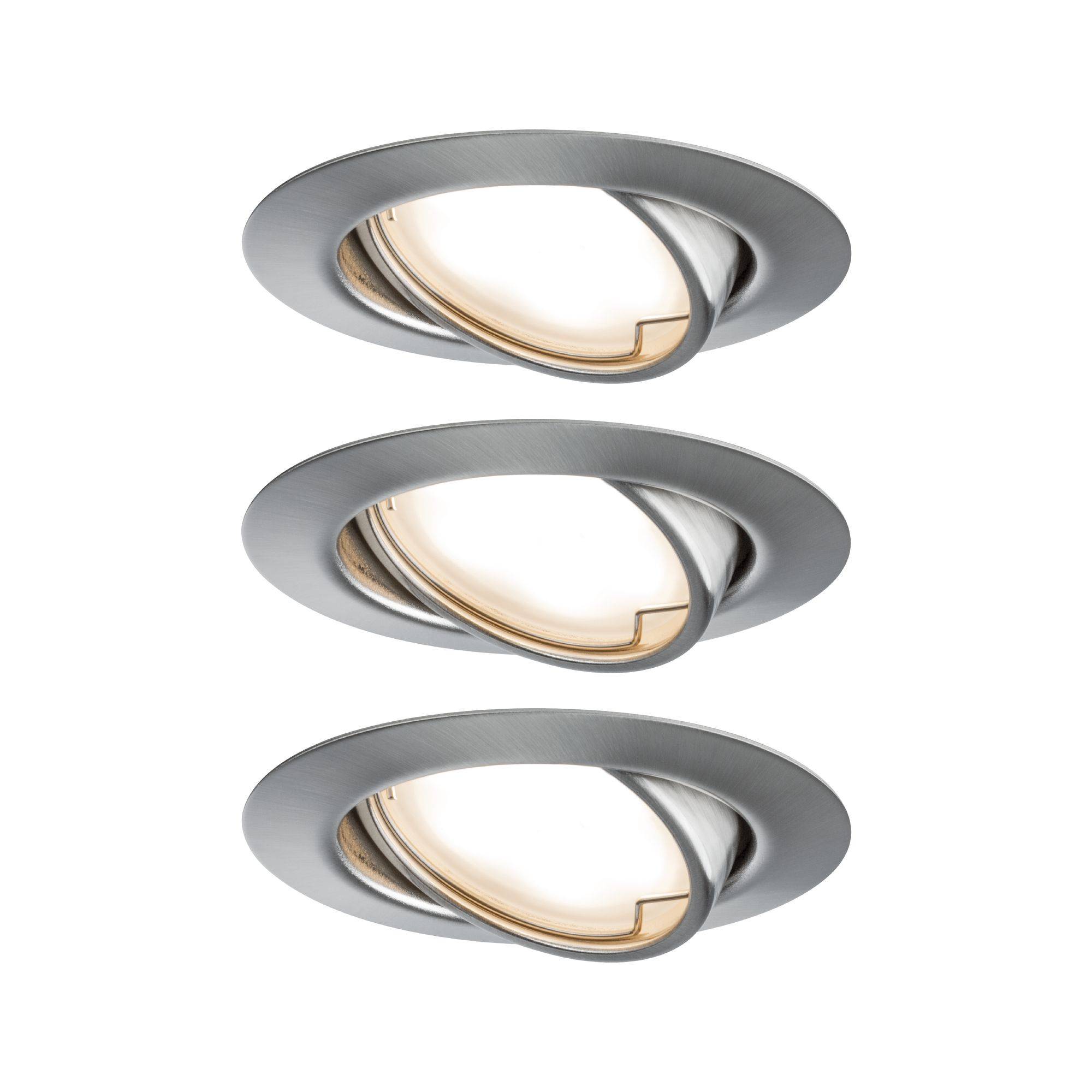 Trois spots encastrés LED ronds et orientables au design argenté, disposés en ligne verticale.