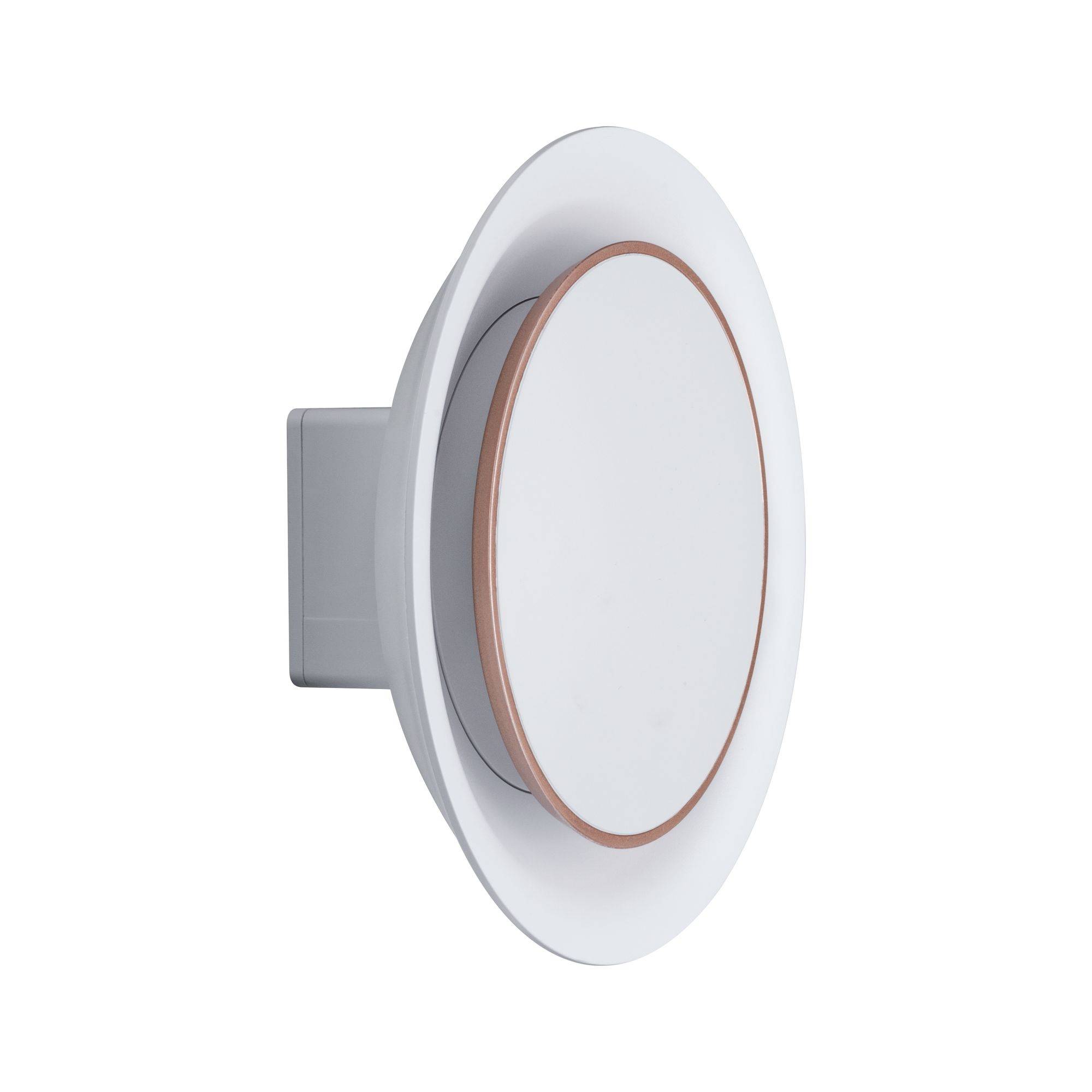 Un ventilateur de plafond blanc, rond, sans pales visibles, au design moderne. Vue de profil, révélant une structure élancée.