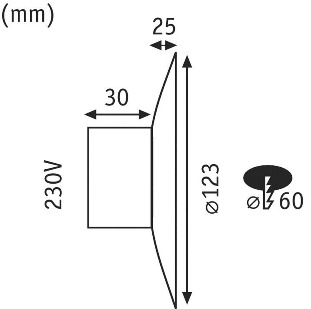 Le diagramme présente les dimensions techniques d'un appareil électrique : hauteur 30 mm, largeur 123 mm, profondeur 25 mm, tension 230 V, diamètre de base 60 mm.