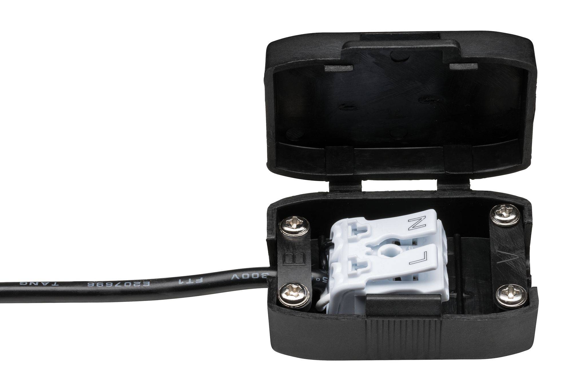 Une connexion noire ouverte avec un câble, montrant deux bornes blanches à l'intérieur. Adaptée pour les connexions électriques.