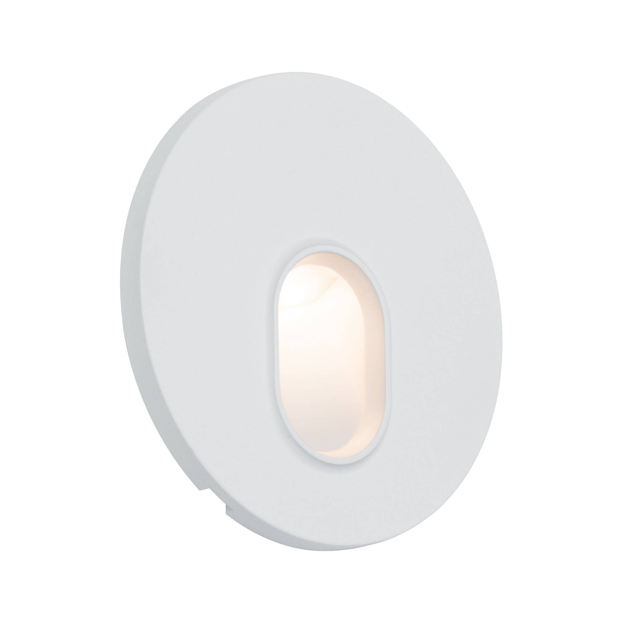 Applique murale ronde blanche à LED, avec découpe lumineuse ovale. Design moderne, idéale pour un éclairage décoratif subtil.
