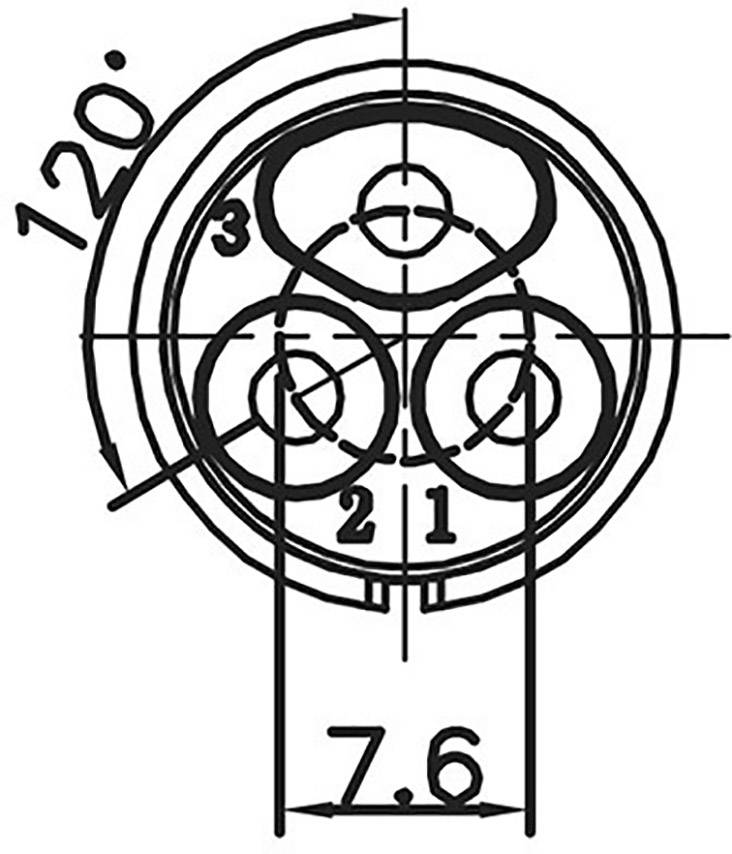 Dessin technique d'une fiche avec indication des dimensions. Les points 1, 2 et 3 forment un triangle. L'angle est de 120 degrés, diamètre de 7,6 mm.