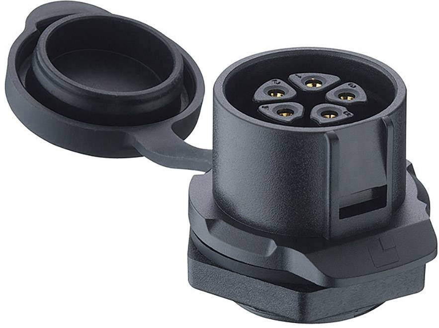 Connecteur circulaire à 5 broches avec capuchon amovible ; utilisé pour établir une connexion électrique sécurisée dans les véhicules ou les remorques.