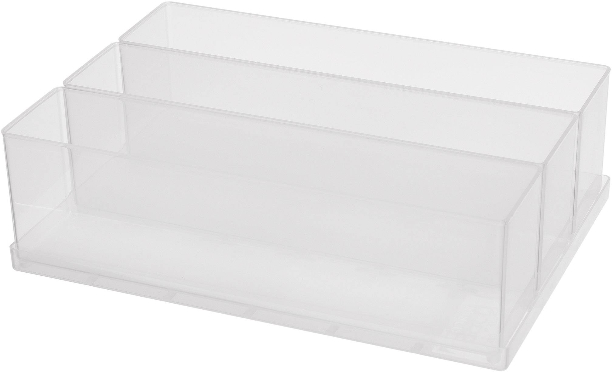 Organisateur transparent à trois compartiments étagés pour le rangement de matériel de bureau. Idéal pour les petits objets et accessoires.