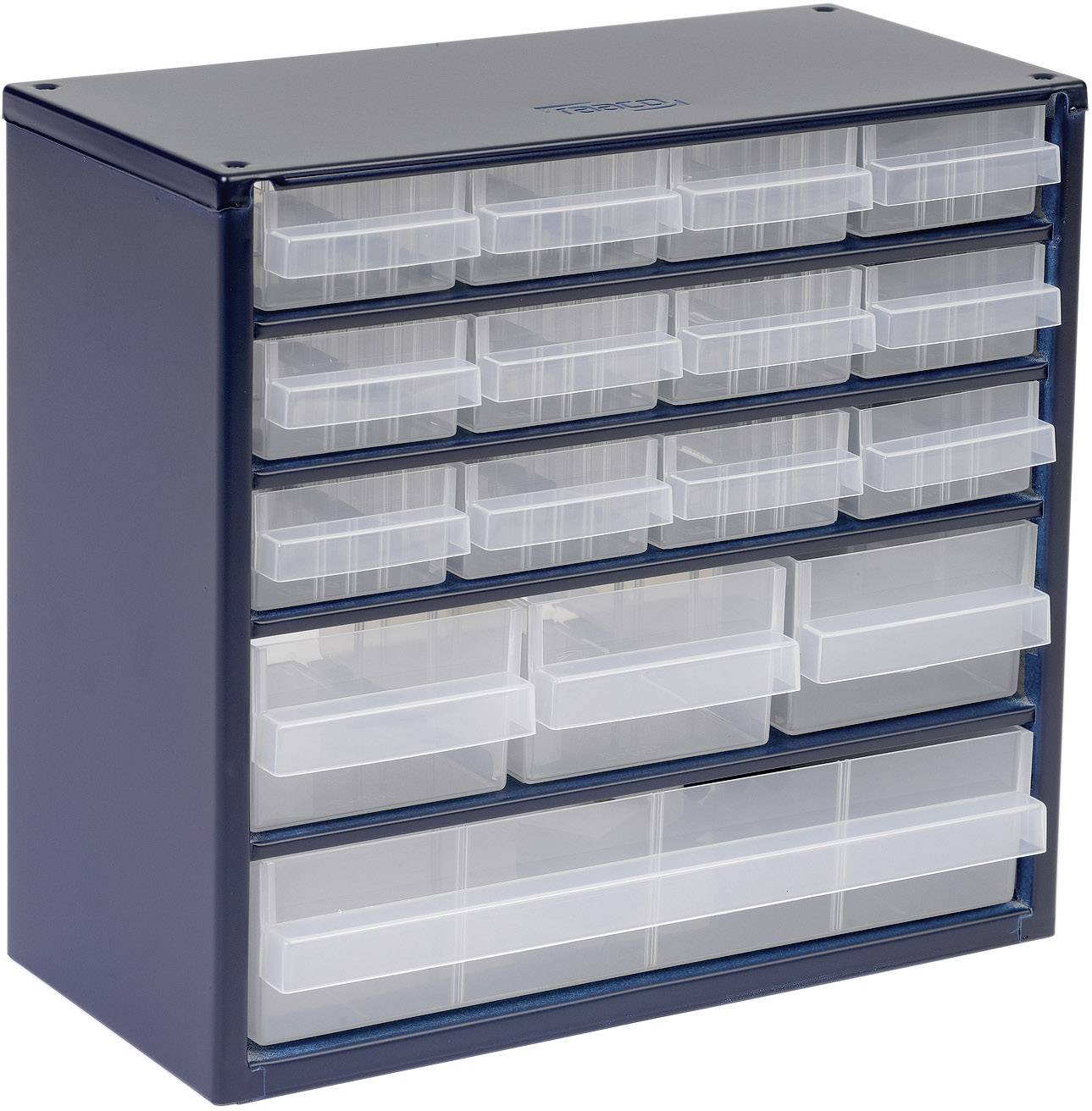 Petit meuble de rangement bleu avec plusieurs tiroirs transparents, idéal pour le stockage de petits objets ou d'outils.