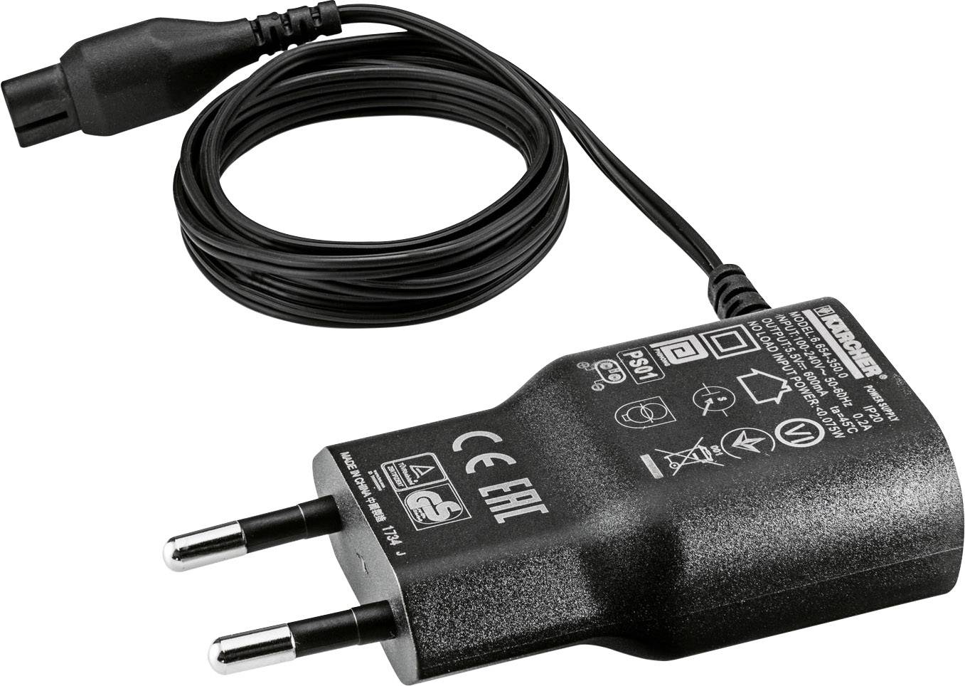 Adaptateur secteur noir avec fiche européenne et câble long, adapté aux appareils électroniques. Les marquages et avertissements de sécurité sont visibles.