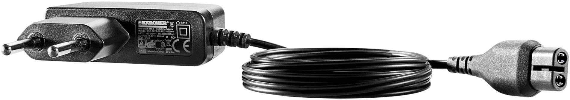 Un bloc d'alimentation noir avec une fiche européenne et un long câble, prêt à être branché à un appareil électronique.