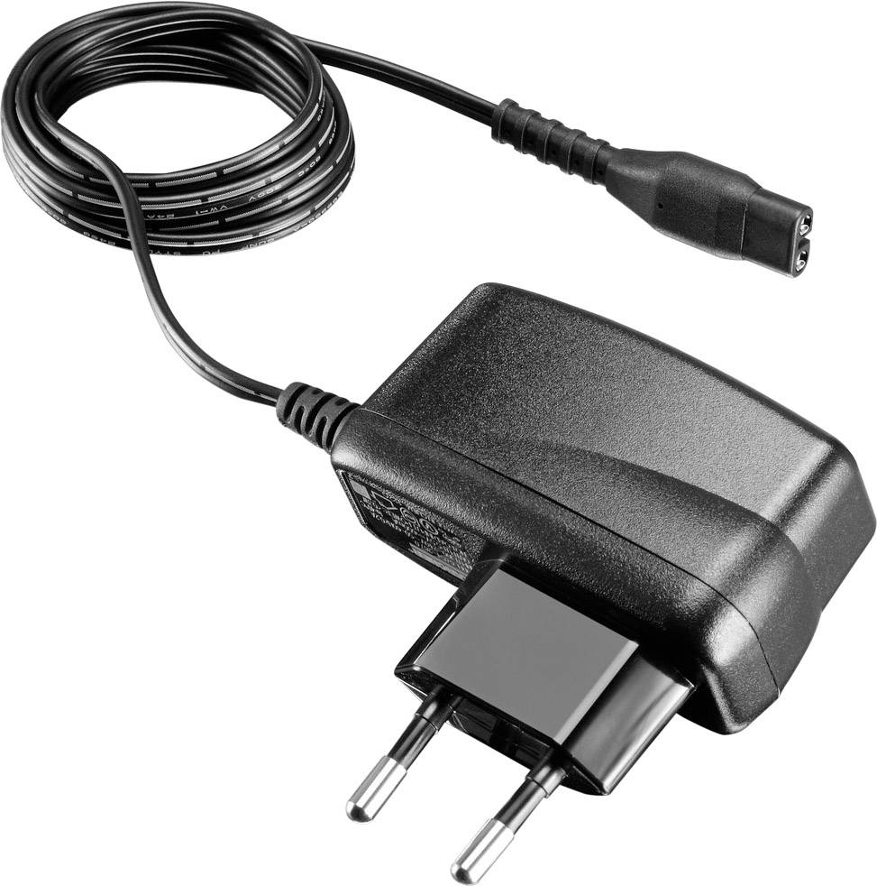 Adaptateur secteur noir avec fiche Schuko et câble long.