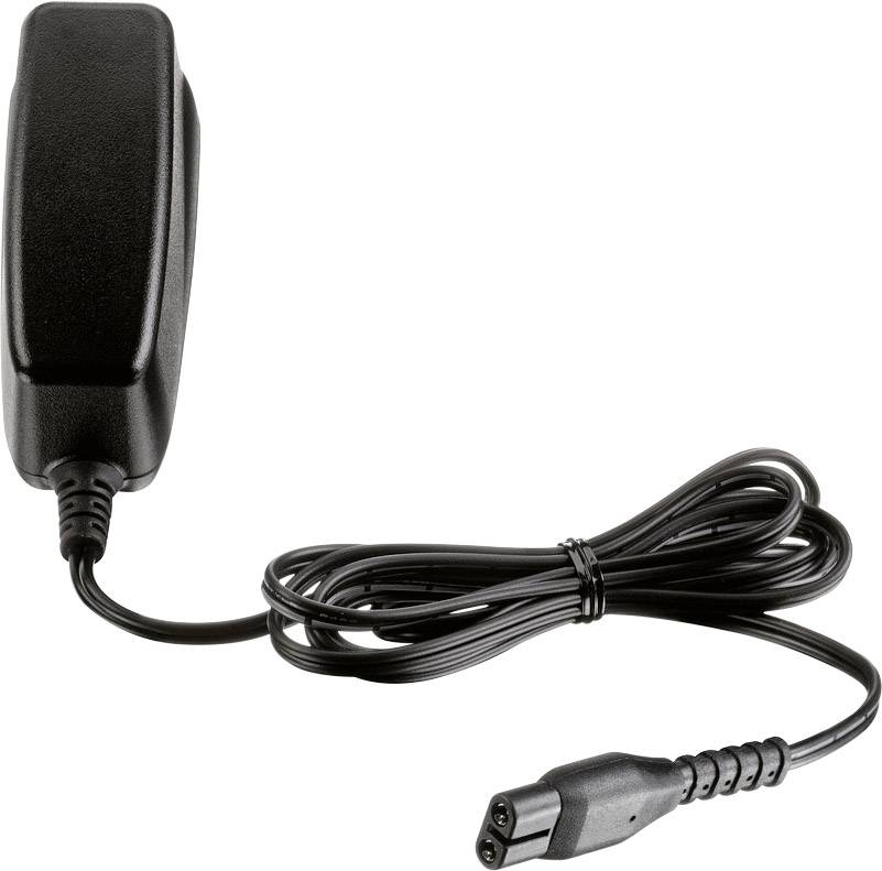 Un bloc d'alimentation noir avec une fiche et un câble. Le câble est enroulé en spirale et se termine par une prise à trois broches.