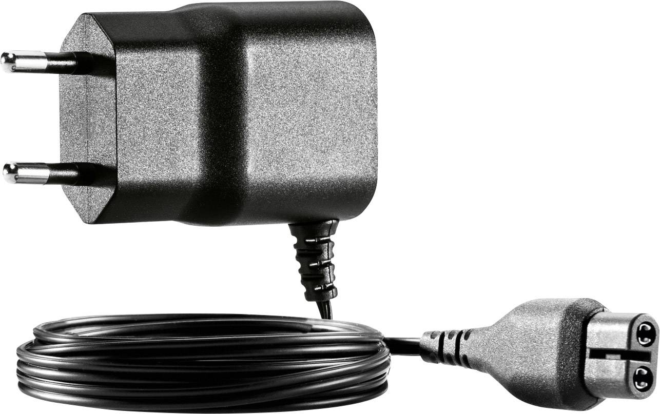 Adaptateur secteur noir avec fiche européenne, câble et connecteur d'alimentation ; chargeur typique pour appareils électroniques.