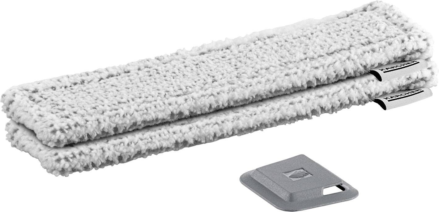 Deux housses de serpillière en microfibre blanche empilées côte à côte, avec une pièce rectangulaire en plastique gris en dessous.