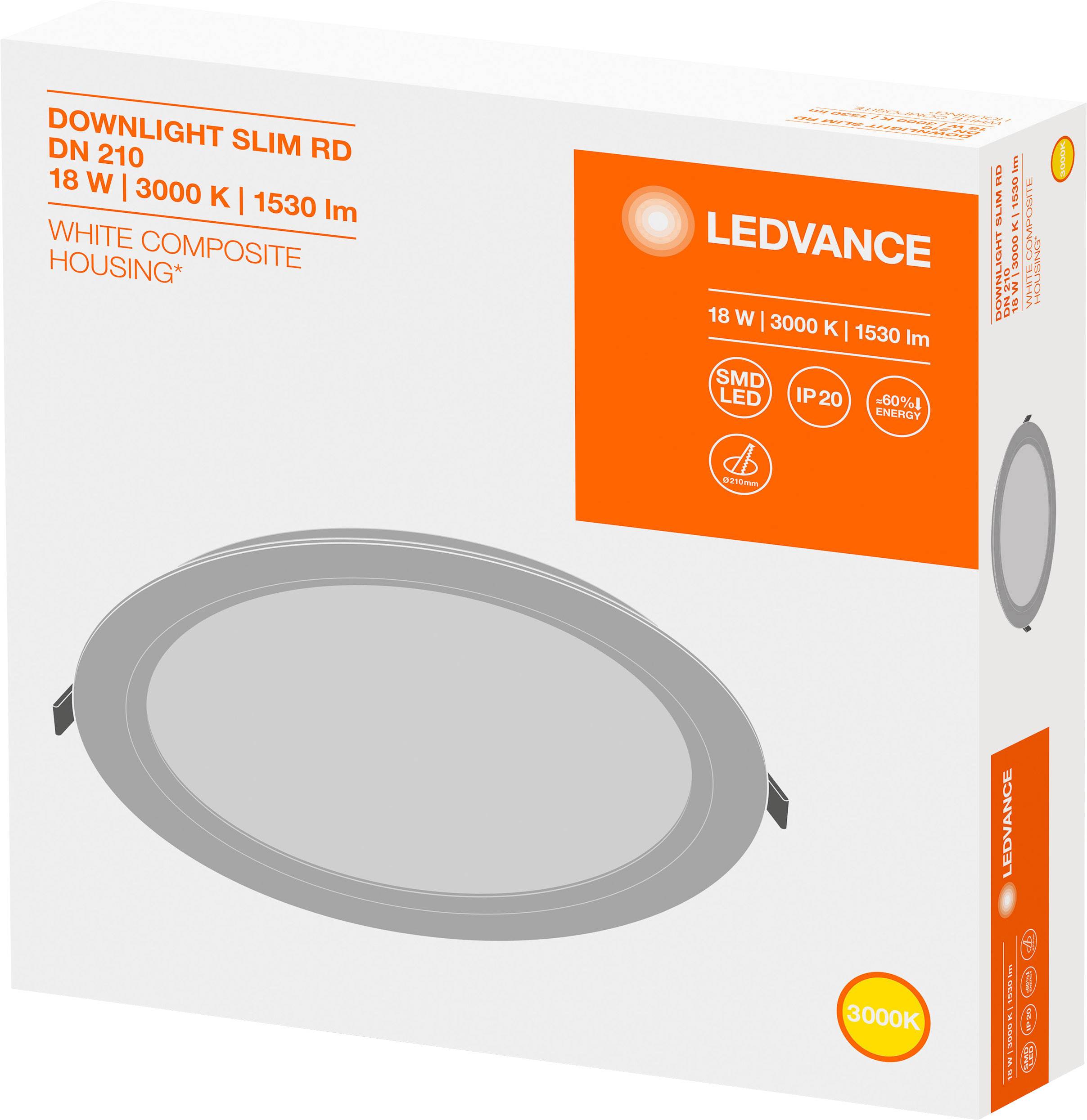 Emballage d'un luminaire LED avec l'inscription 'LEDVANCE', '18 W | 3000 K | 1530 lm'. Illustration du luminaire et spécifications techniques.