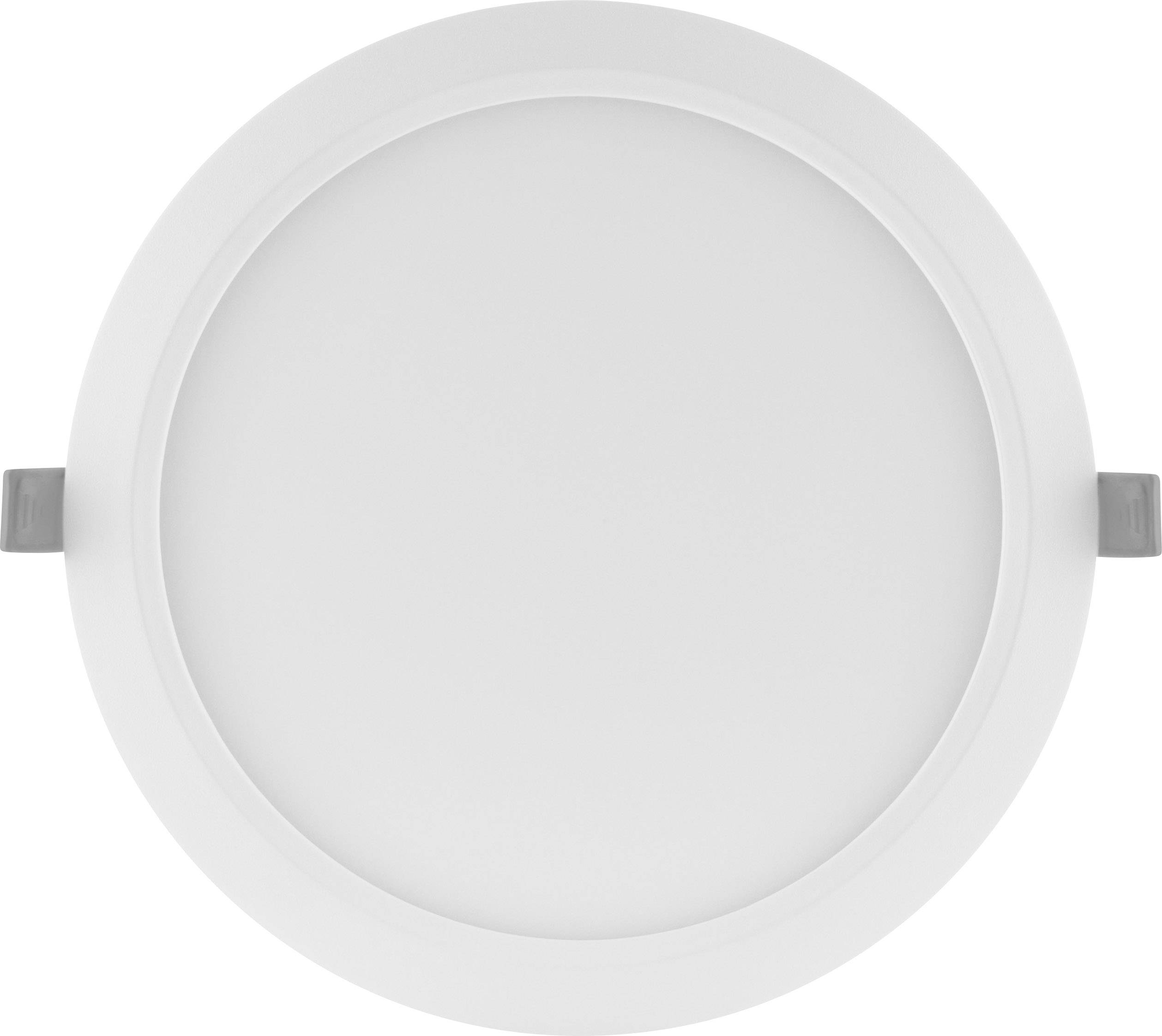 Plafonnier circulaire blanc avec bord lisse et deux éléments de fixation gris sur les côtés.