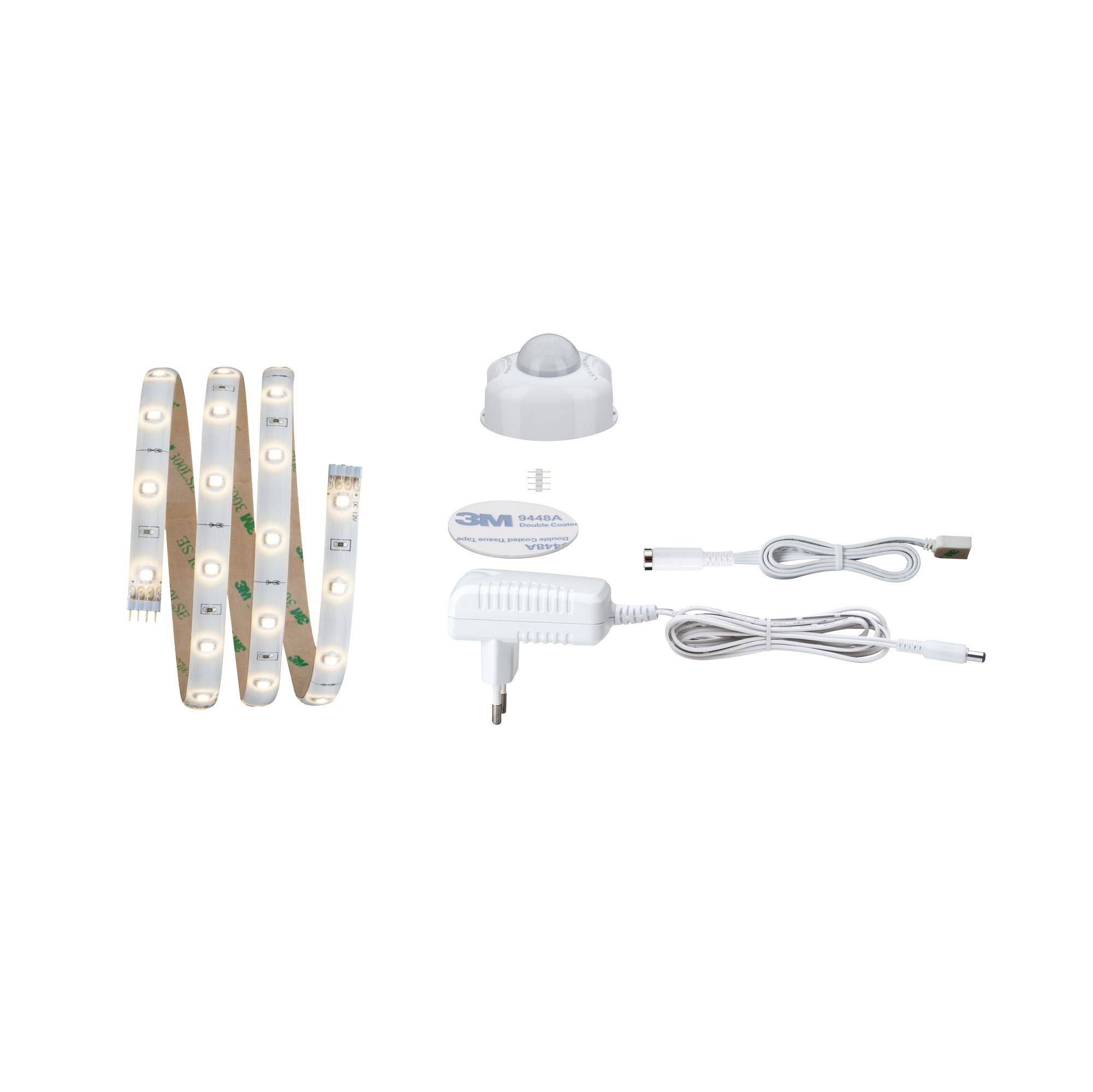 Kit de bande lumineuse LED avec détecteur de mouvement, bloc d'alimentation et câble. Idéal pour l'éclairage des espaces lors de la détection de mouvement.