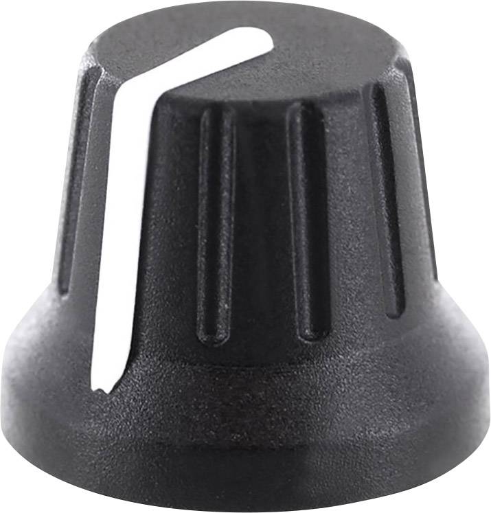 Bouton rotatif noir avec repère longitudinal pour la détection de position ; souvent utilisé pour le réglage du volume sur les appareils audio.