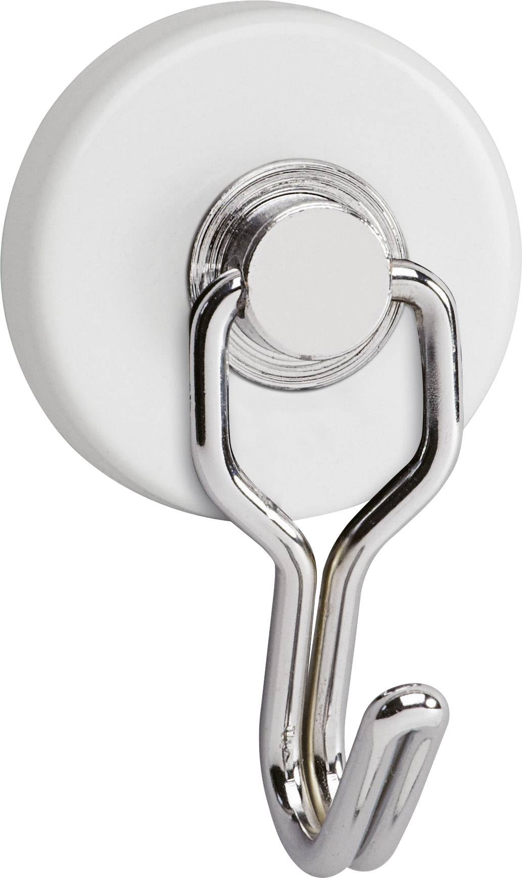 Un aimant rond blanc avec un crochet argenté fixé dessus. Idéal pour maintenir des objets légers sur des surfaces métalliques.