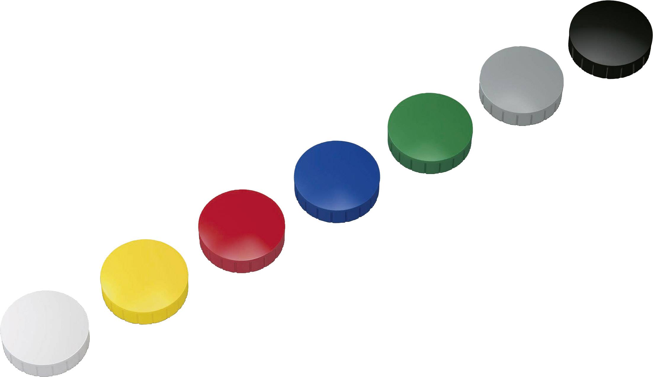 Six objets ronds disposés en diagonale, de gauche à droite : blanc, jaune, rouge, bleu, vert, gris et noir.