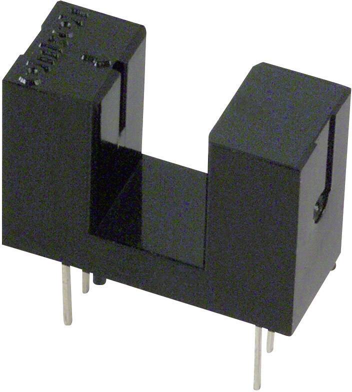 Capteur optique fourche noir avec quatre broches métalliques, utilisé pour détecter les interruptions dans les faisceaux lumineux des dispositifs électroniques.