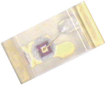 Une petite puce électronique rectangulaire avec des fils de connexion dorés dans un boîtier transparent.