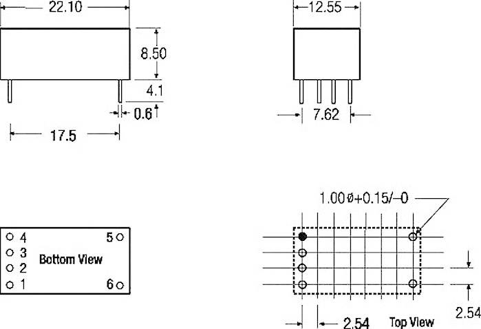 Dessin technique d'un composant électronique à six pôles avec dimensions. Vues : Face, Profil, Dessus avec indications de mesures en mm.