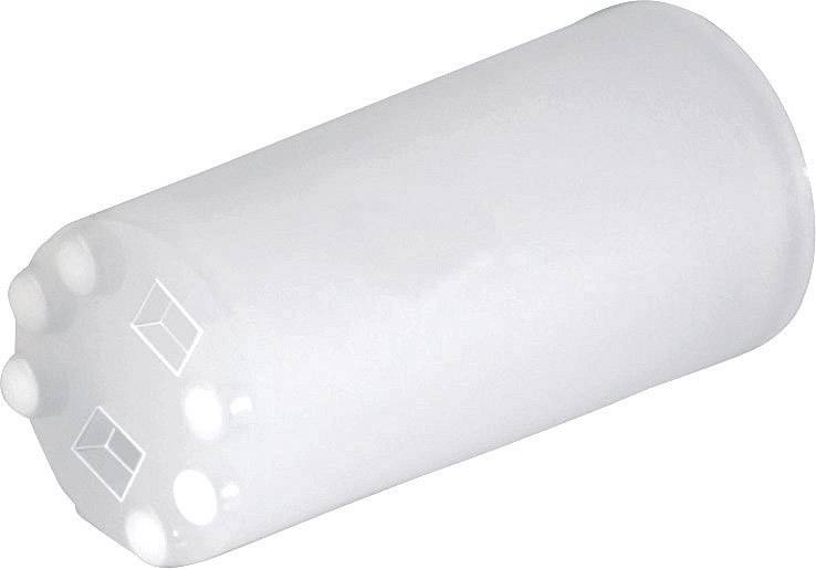 Récipient cylindrique blanc en plastique avec plusieurs ouvertures circulaires à une extrémité, probablement un composant ou un conteneur.