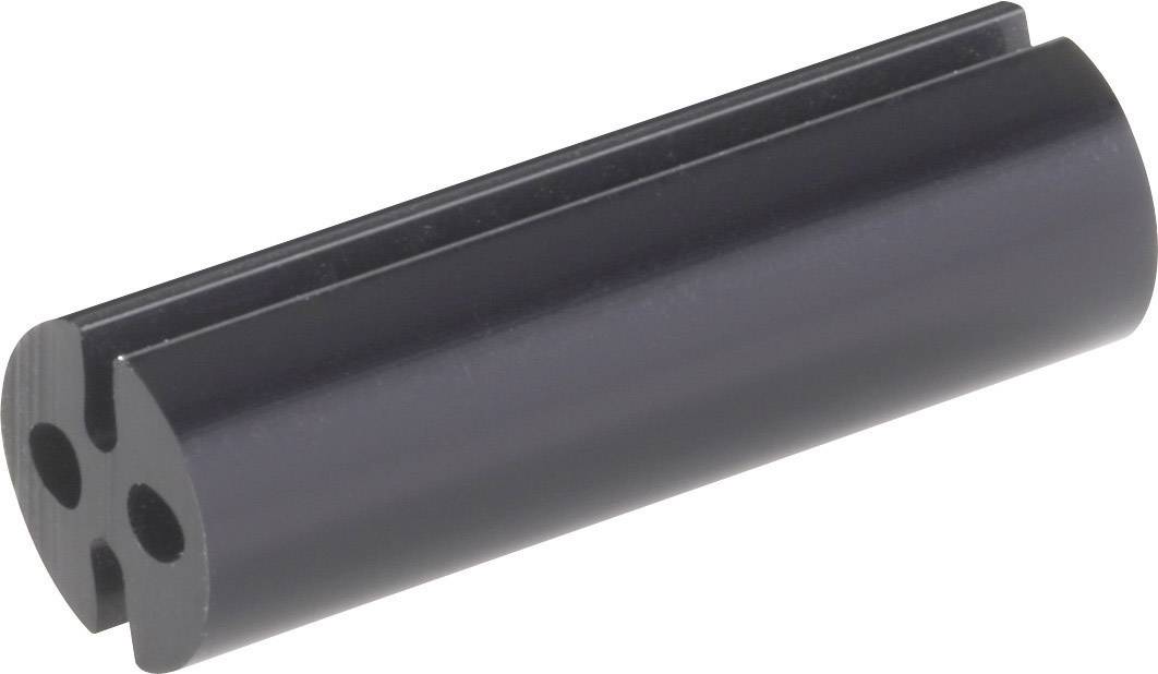 Pièce cylindrique noire en plastique, percée de fentes et de trous, probablement utilisée pour la fixation ou comme élément de connexion.