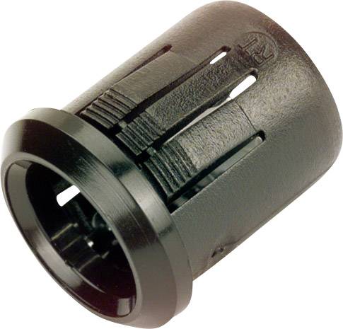 Adaptateur noir en plastique cylindrique, doté de plusieurs fentes et d'un bord surélevé, probablement destiné à la fixation de câbles.