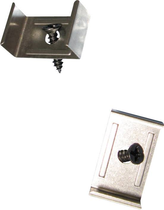 Deux supports métalliques avec des vis pour la fixation de supports d'étagères. Les supports sont orientés différemment.