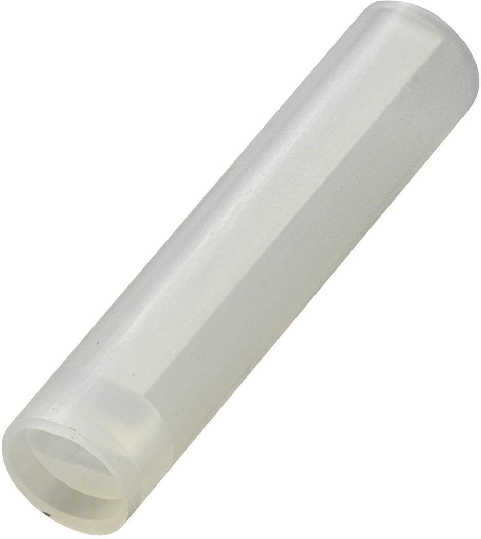 Un tube cylindrique transparent en plastique, photographié en biais.