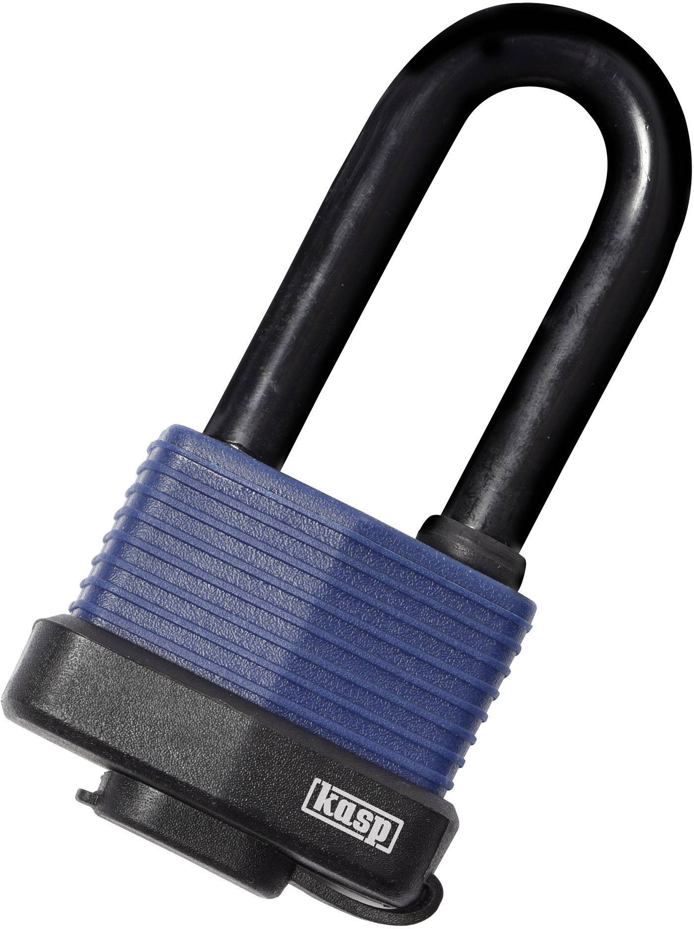 Un cadenas en métal noir et bleu avec un arceau incurvé, symbolisant la sécurité.