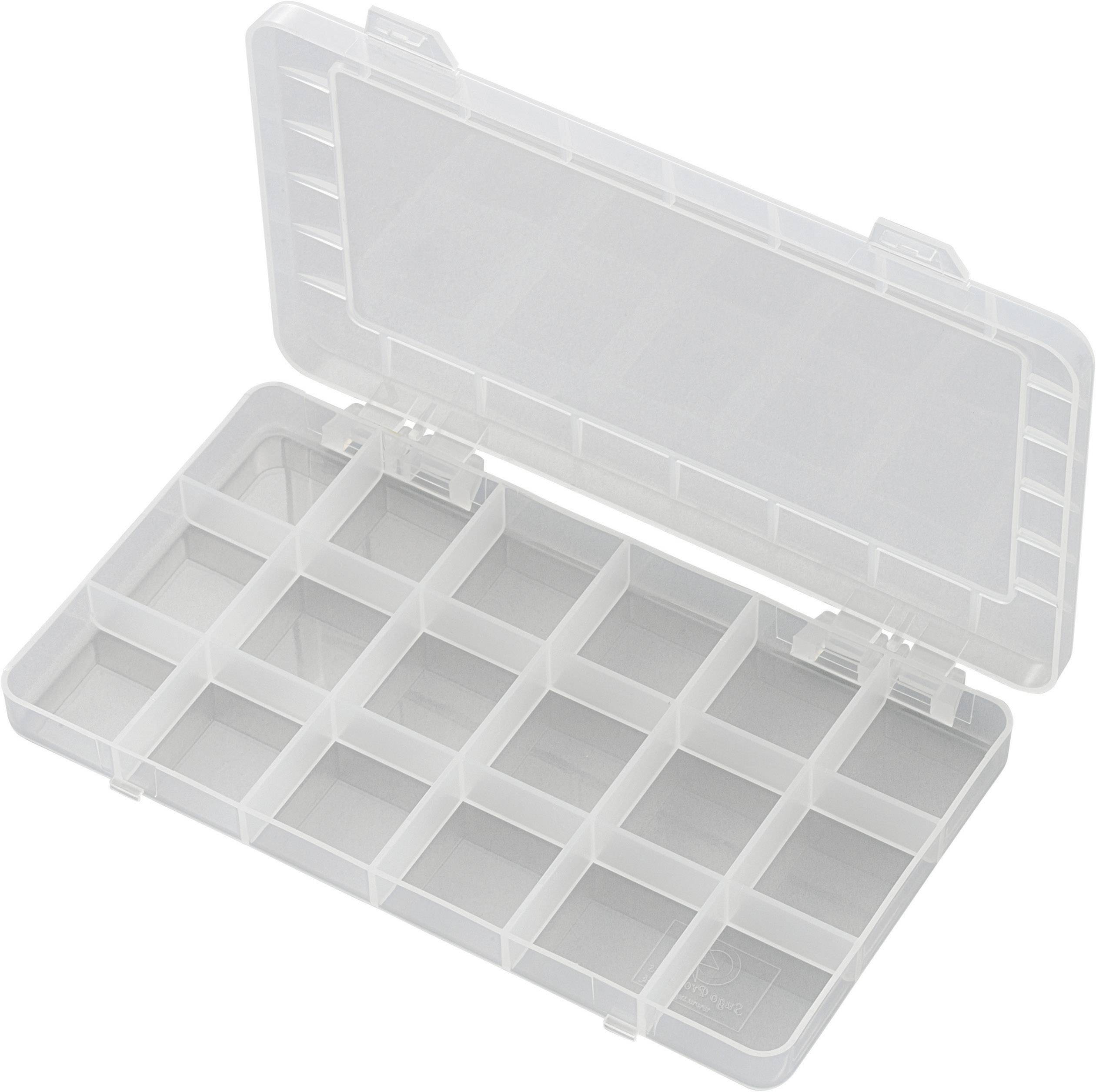 Boîte en plastique transparent avec couvercle ouvert, divisée en seize compartiments de taille égale. Adaptée pour le rangement de petits objets.