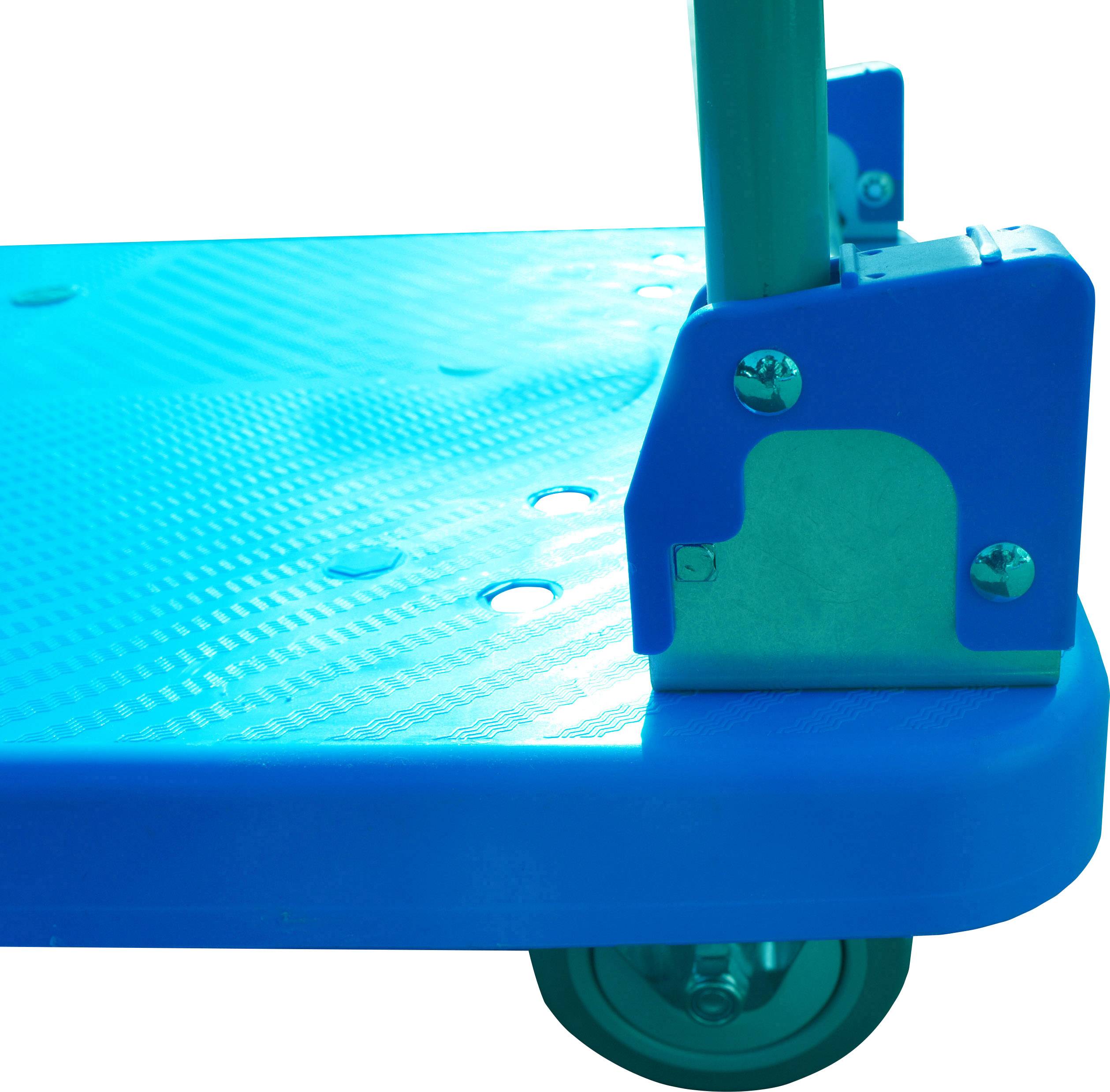 Chariot de plateforme bleu avec poignée verte et roulettes de transport. Robuste et adapté au transport de charges lourdes.