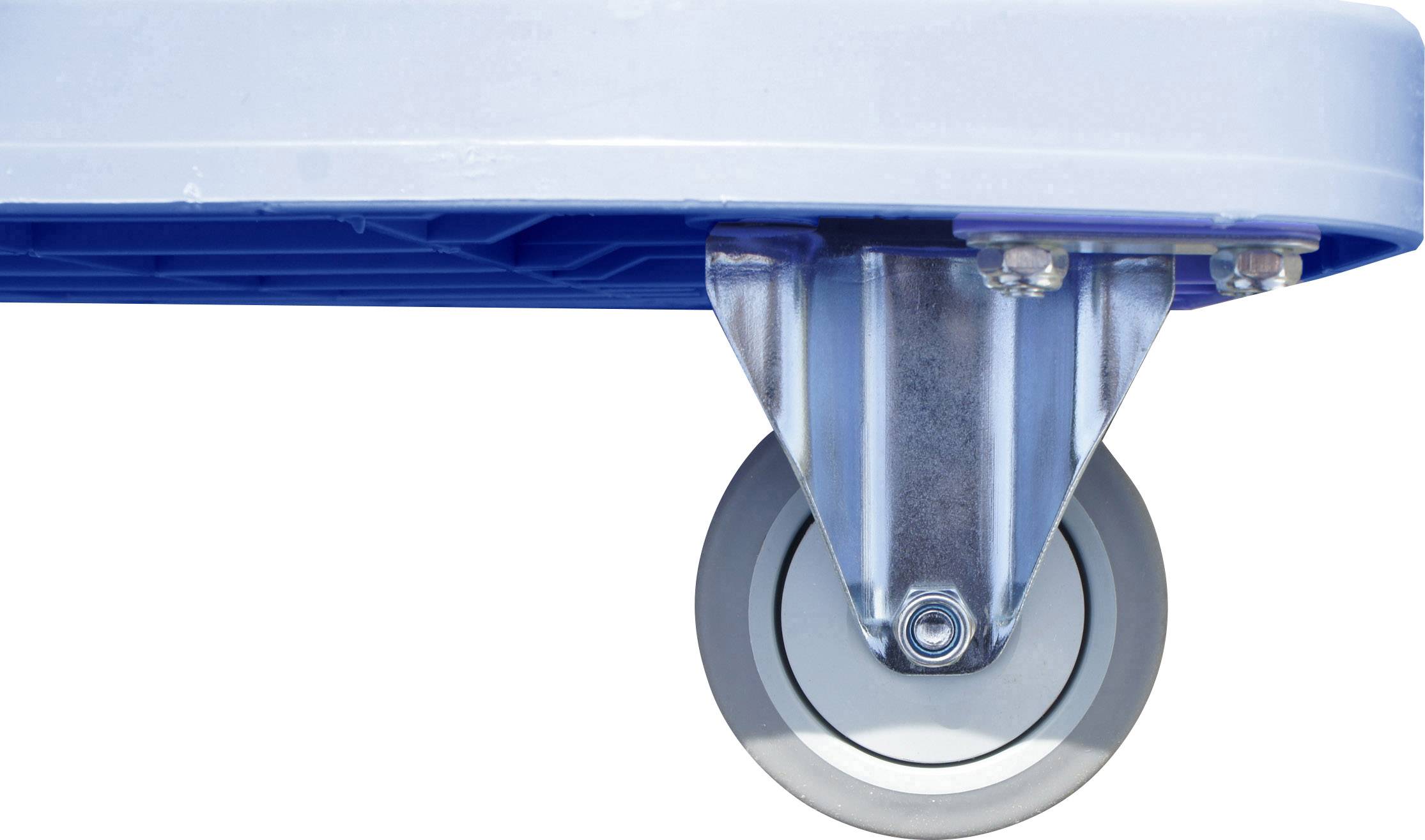 Gros plan d'une roue bleue avec un support métallique et un enjoliveur argenté sur fond blanc. L'axe de roue est bien visible.