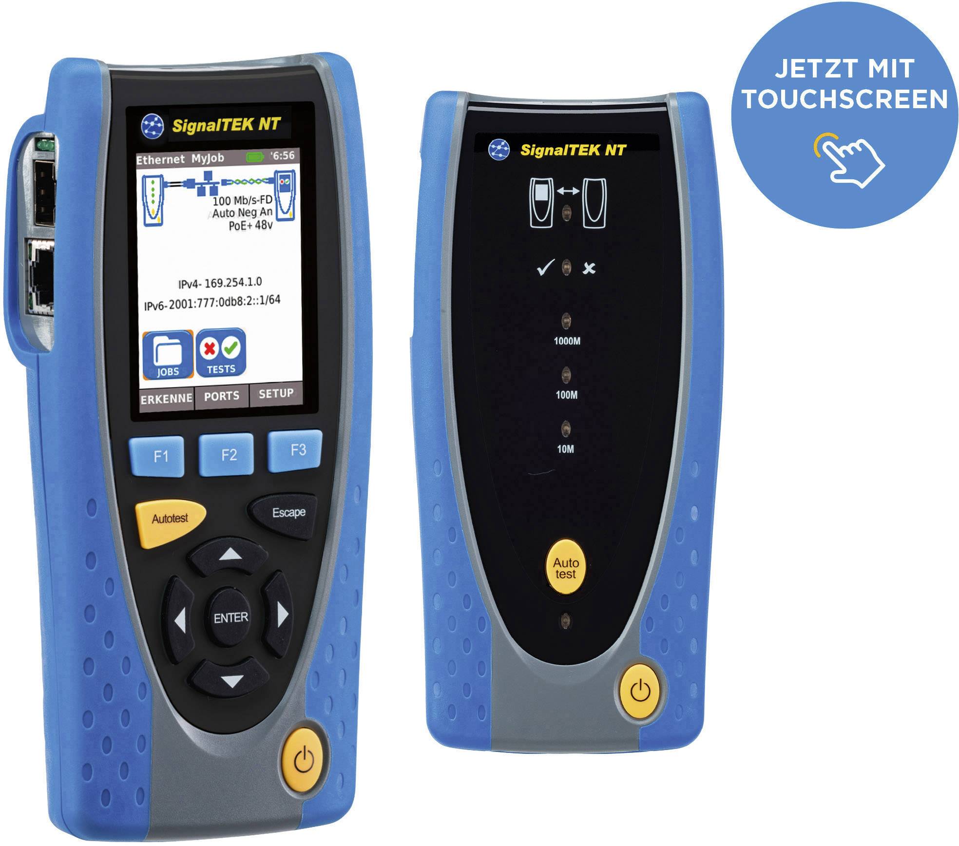 SignalTEK NT testeur de réseau avec écran tactile et affichage LCD. Affiche la configuration réseau et permet des tests de câbles.