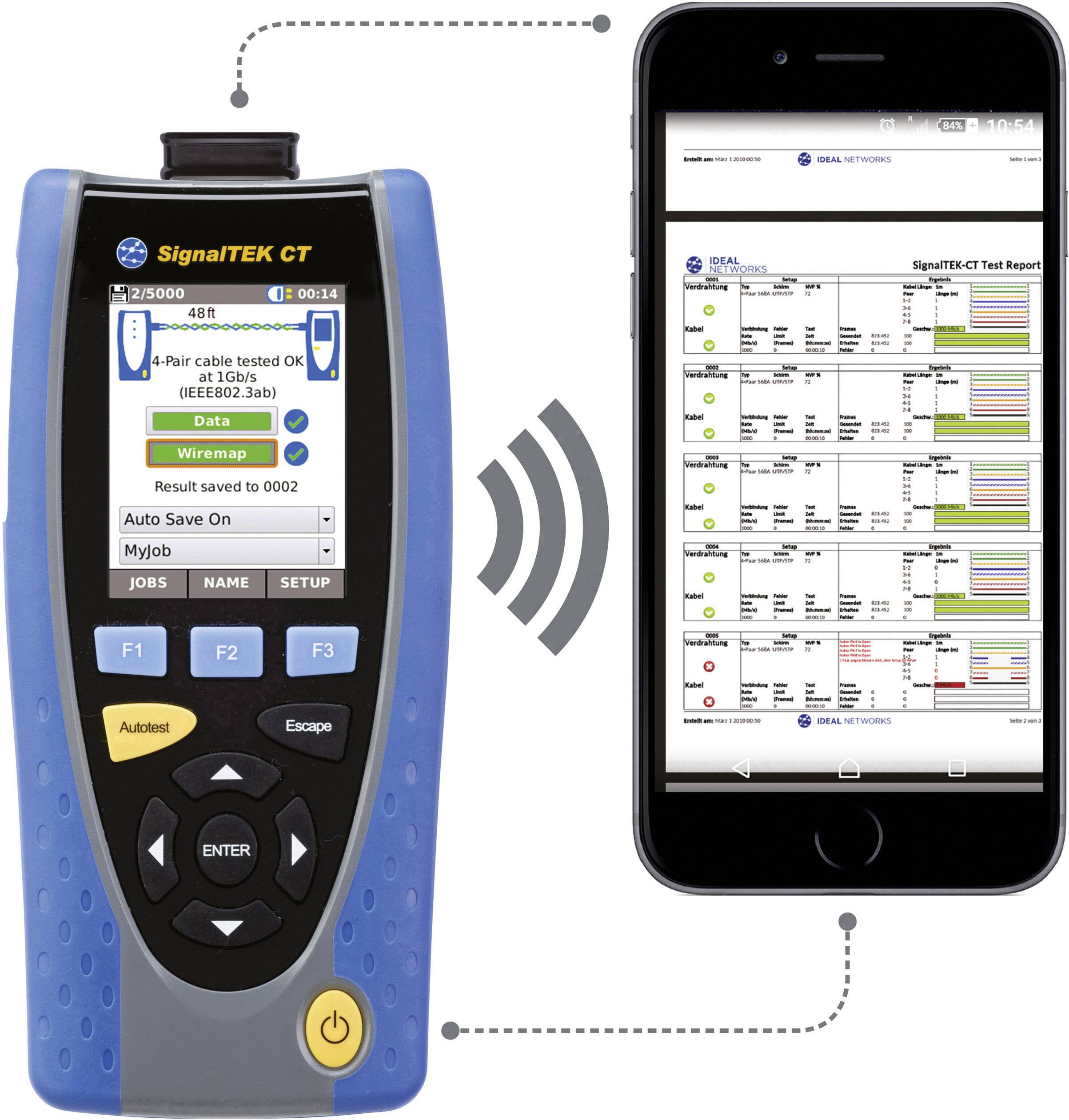 Un appareil portable bleu avec des touches affiche des résultats de test. À côté, un smartphone montre des rapports de test détaillés sur son écran.