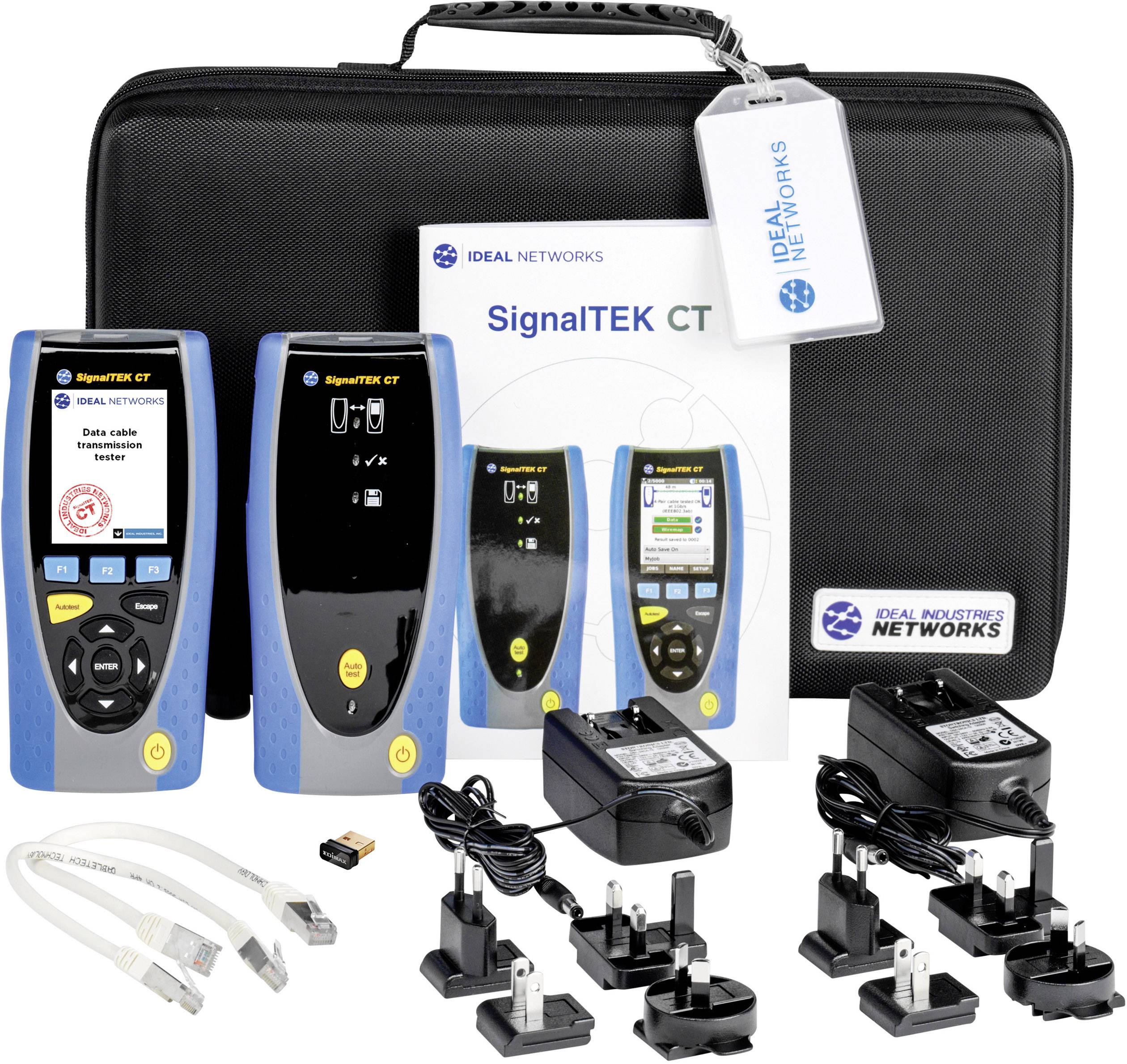 Sac de transport contenant des appareils de test réseau d'Ideal Networks, modèle 'SignalTEK CT', comprenant des accessoires tels que des câbles et des adaptateurs.