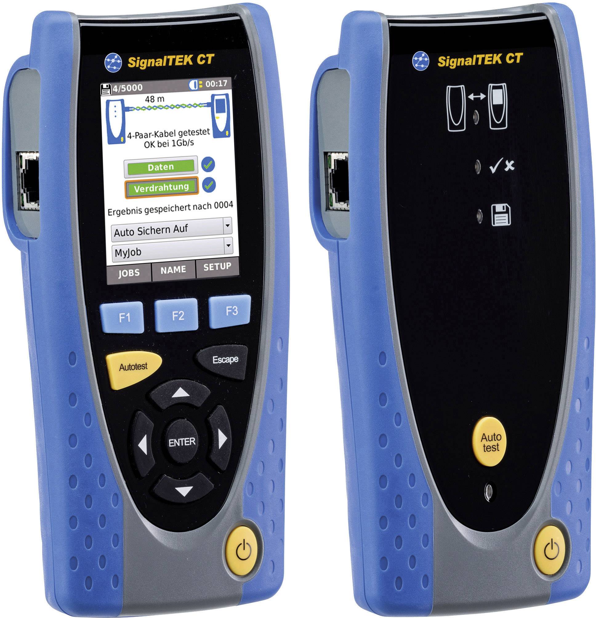 Un appareil de test de câbles, modèle SignalTEK CT, avec écrans d'affichage et boutons pour les tests et les réglages.