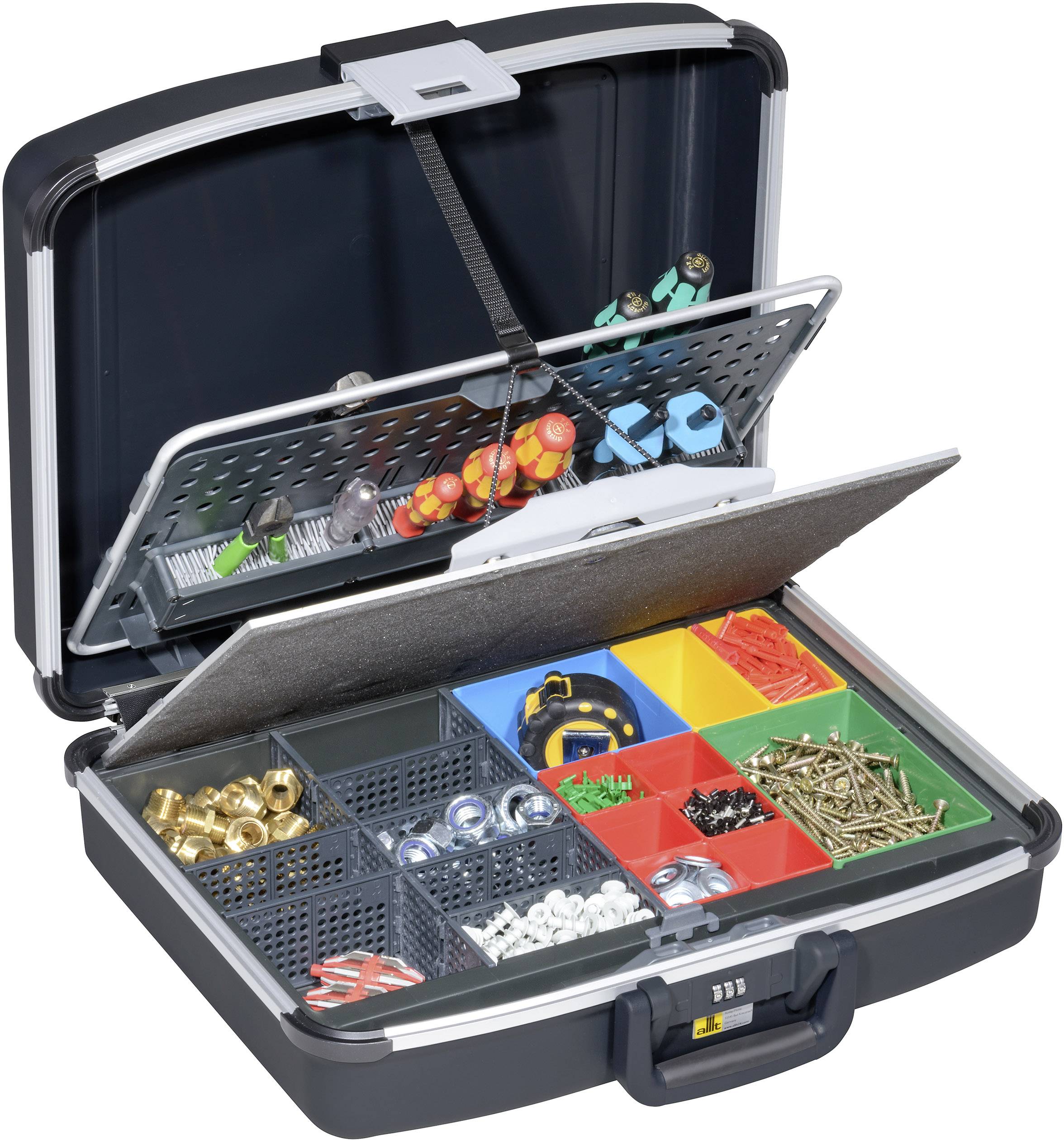 Boîte à outils ouverte avec plusieurs compartiments qui contiennent des vis, des écrous, des chevilles et d'autres petites pièces d'outillage triées.