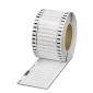 Un rouleau d'étiquettes autocollantes, blanches avec des lignes perforées, alignées pour un détachage facile.