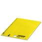 Un carnet jaune fermé sur un fond blanc.