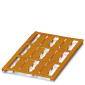 Une grille rectangulaire en bois de couleur orange, probablement une palette de chargement, est posée à plat sur un fond blanc.